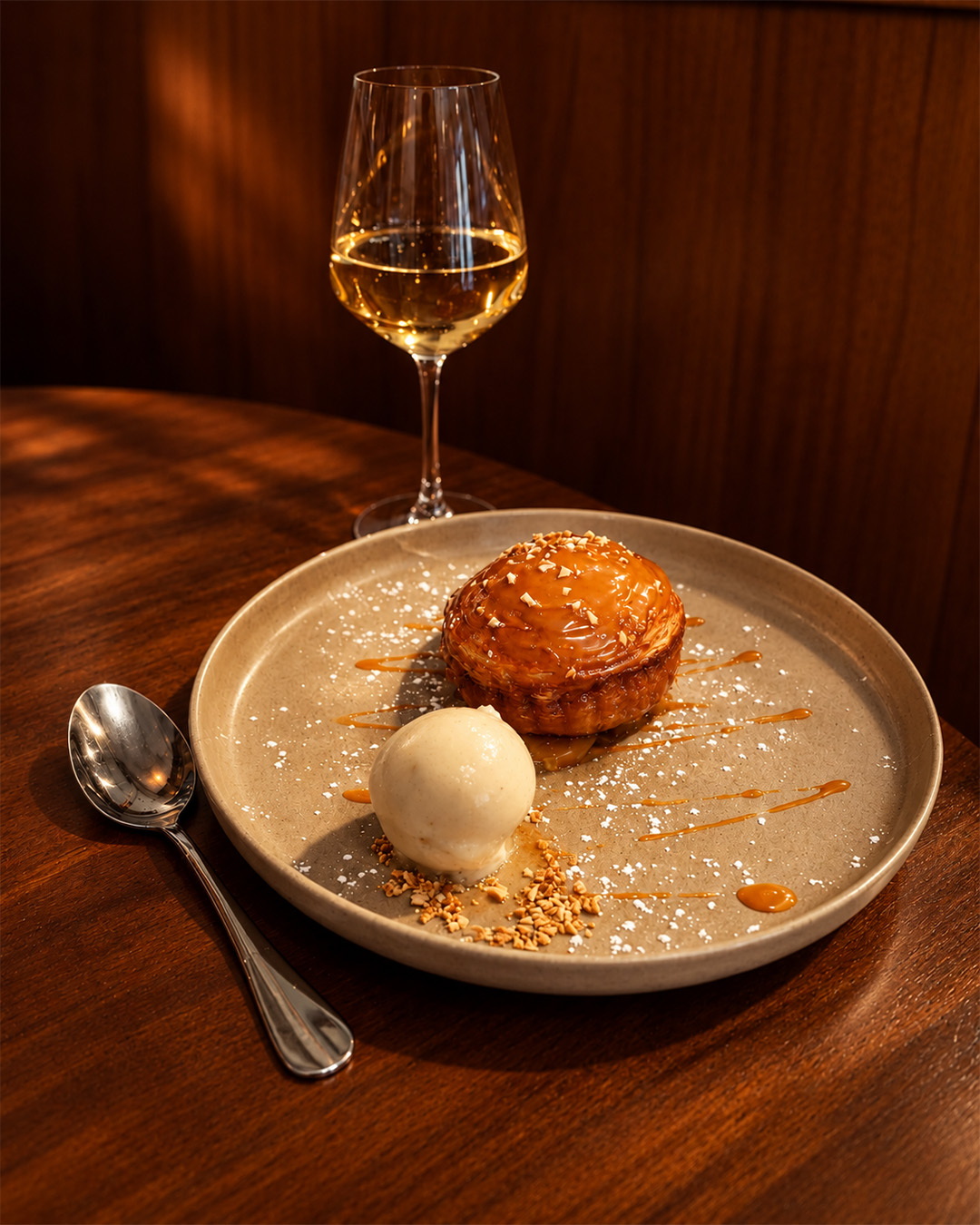 Feuilleté au caramel et boule de glace